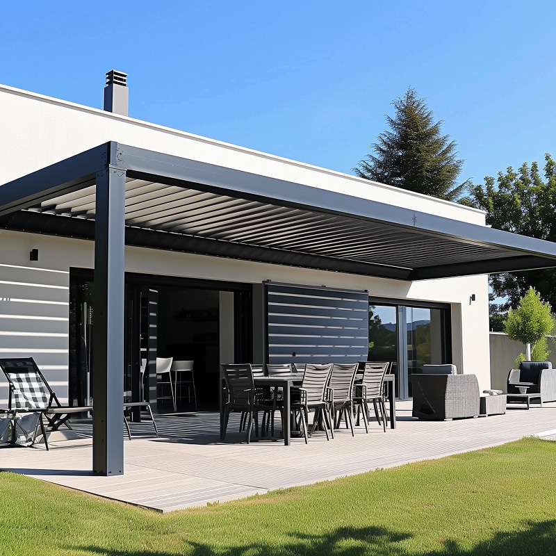 Pergola bioclimatique noire sur terrasse moderne avec salon de jardin et lames orientables rétractables.